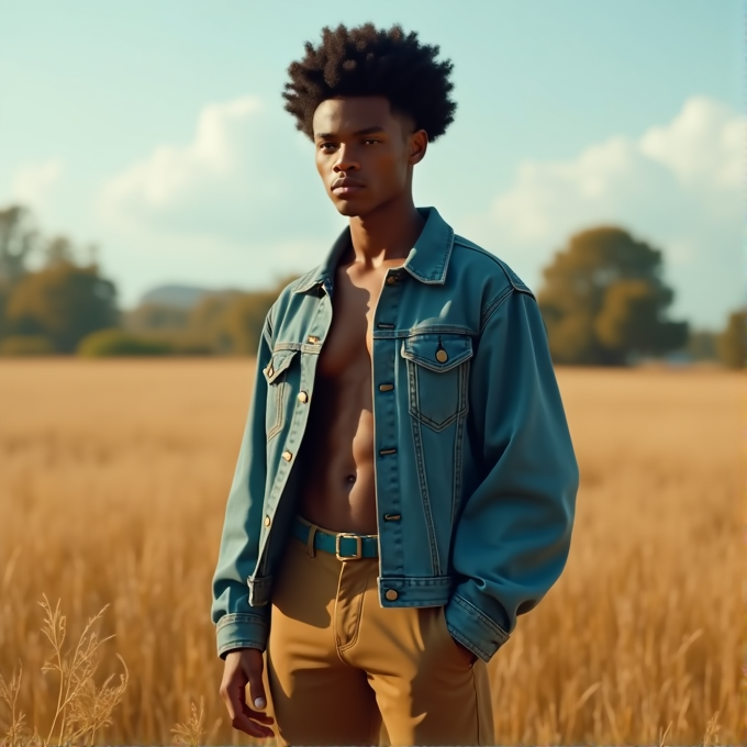 A young man stands in a sunlit field wearing a denim jacket and khaki pants.