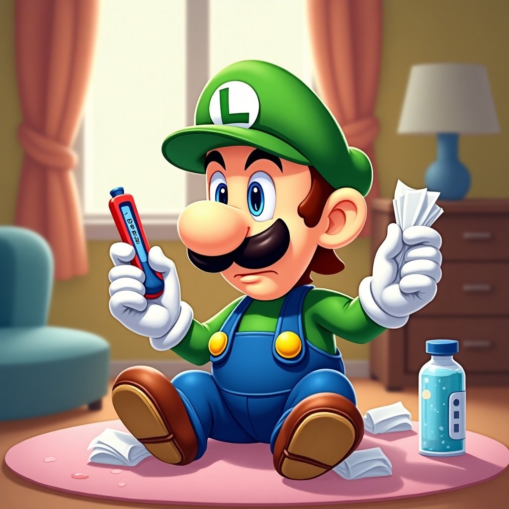 Luigi character depicted with flu symptoms. Sitting on the floor holding a thermometer. Surrounded by tissues and a medicine bottle. Indoor setting with warm colors.