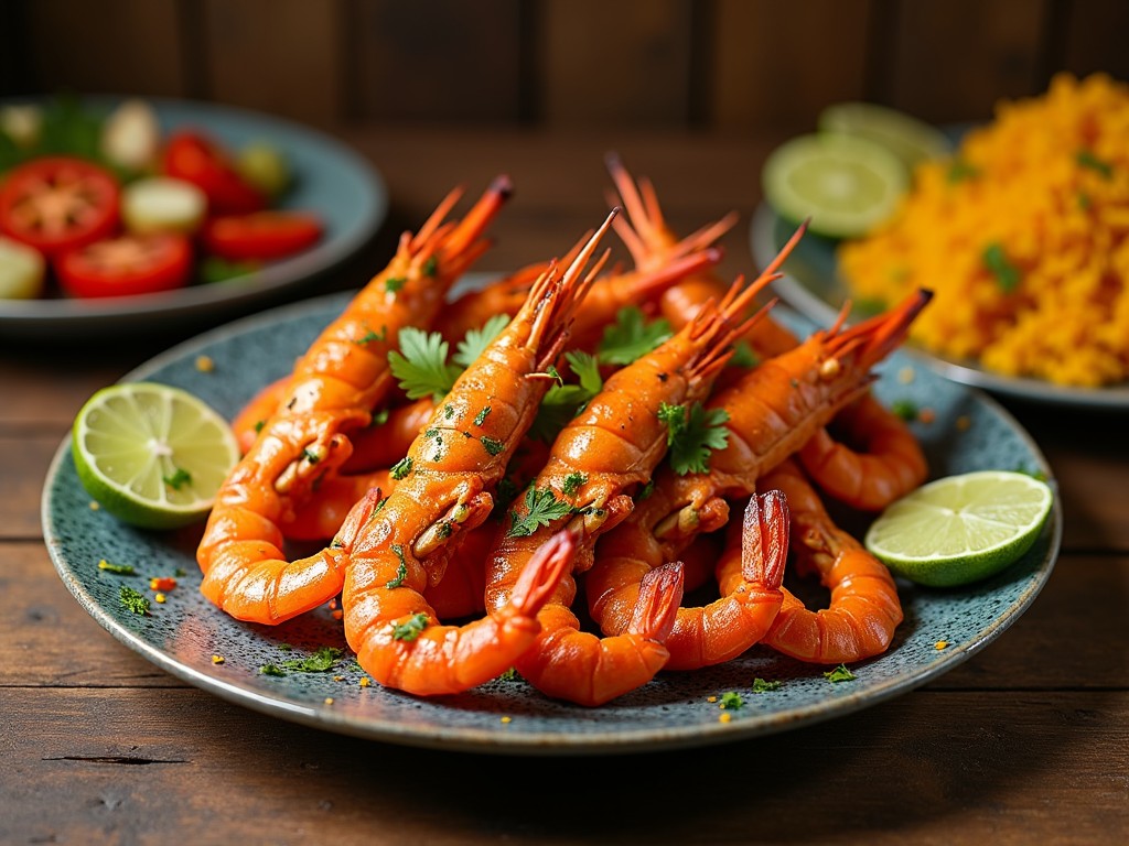 Create an image of a visually stunning plate featuring giant tandoori prawns. The prawns should be vibrant orange, garnished with fresh cilantro and accompanied by lime wedges. The plate should have a rustic look and be set on a wooden table. Include a side of colorful vegetable salad and saffron rice in the background for added aesthetics. Use warm lighting to highlight the details of the dish and evoke a sense of deliciousness. Aim for a close-up angle that clearly displays the prawns as the main subject.