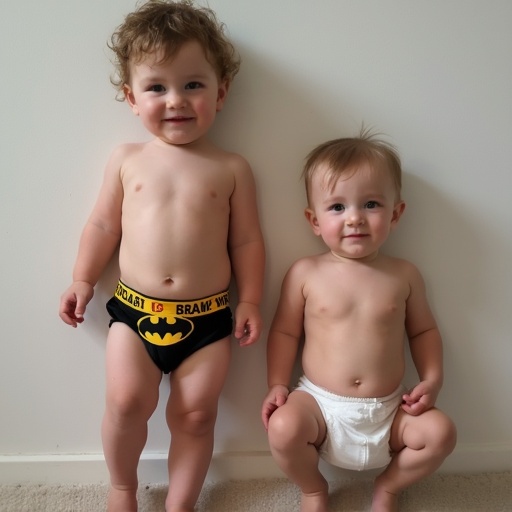 Two young children standing side by side. A boy in Batman underwear. A girl in a diaper. Both are smiling. Bright natural light highlights their playful nature.