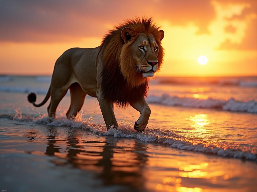 A lion walking on the beach during sunset with the ocean in the background.