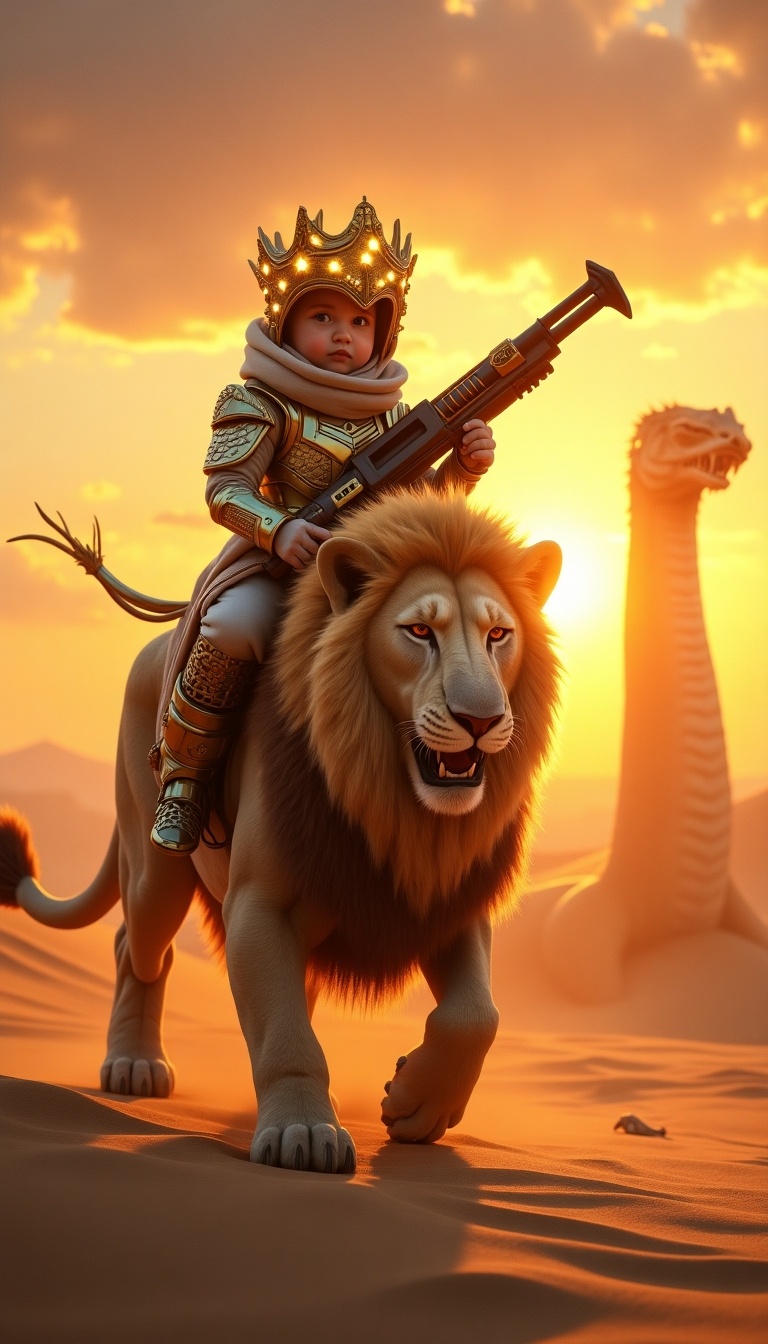 This digital artwork features a baby in a futuristic military uniform, riding a fluffy mutant lion. The baby wears a glowing crown and holds a high-tech weapon, embodying both courage and leadership. The lion has radiant golden feathers and a proud expression, ready to protect. In the background, a colossal serpent rises from the dunes, creating a dramatic atmosphere. The scene is set in a mystical desert during sunset, with warm colors illuminating the landscape. The composition highlights both the baby and the lion, creating a cinematic feel. Rippling sand dunes and glowing skies emphasize the grandeur of the moment.