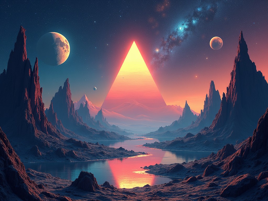 This image is an artwork designed for a space rock album. It presents a surreal landscape characterized by towering, jagged rock formations amidst a starry cosmic background. A glowing triangle illuminates the scene, intensifying the otherworldly essence. Stars and planets drift in the dark sky, reflecting the unique light and creating a mirroring effect with vanishing polyhedral shapes. The colors transition from deep blues to bright oranges, generating a vibrant and electrifying atmosphere. The overall vibe is psychedelic and futuristic, encapsulating the spirit of space exploration and musical energy, with rocky formations reminiscent of the Pillars of Creation dramatically rising against the cosmic vista.