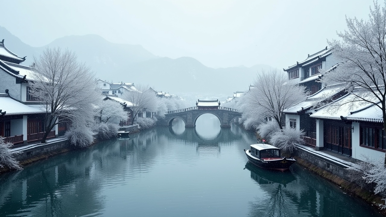 This image captures a snowy scene in a Jiangnan water town, featuring a picturesque view of a bridge arching over a gentle stream. The scene is enveloped in a soft layer of snow, highlighting the elegant white walls and black-tiled roofs of the traditional buildings. Black-sailed boats float quietly, adding charm to the serene environment. In the background, distant mountains are partially obscured by the gentle snowfall. The lighting is soft and creates a calming atmosphere, making the scene feel almost cinematic. Such a peaceful image invites viewers to imagine peaceful moments in this snow-covered paradise.