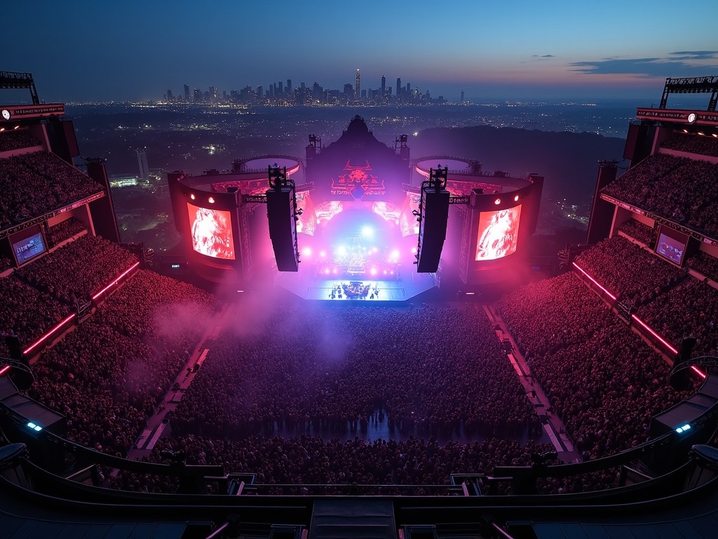 The image shows a vibrant concert scene at dusk. A large crowd is gathered, eagerly watching the performance on stage. The stage is illuminated with bright pink and purple lights, creating an energetic atmosphere. In the background, a city skyline is visible, adding to the excitement of the event. The overall scene conveys a sense of joy and community among music lovers.