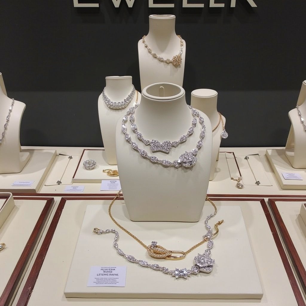 Jewelry display at IJT 2024. Different pieces arranged aesthetically. Elegant display showcases necklaces and accessories. Event scheduled from January 15 to 18, 2024, with a pre-show from January 8 to 10. 