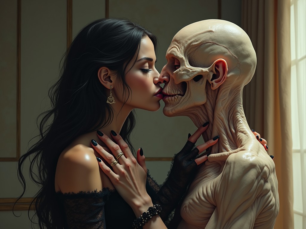 A striking image depicts a young, beautifully adorned woman sharing an intimate moment with a skeletal figure. The contrast between her lively appearance and the skeletal partner captures themes of love and mortality. The setting hints at a more gothic or dramatic atmosphere, enhanced by the subdued lighting from the window.