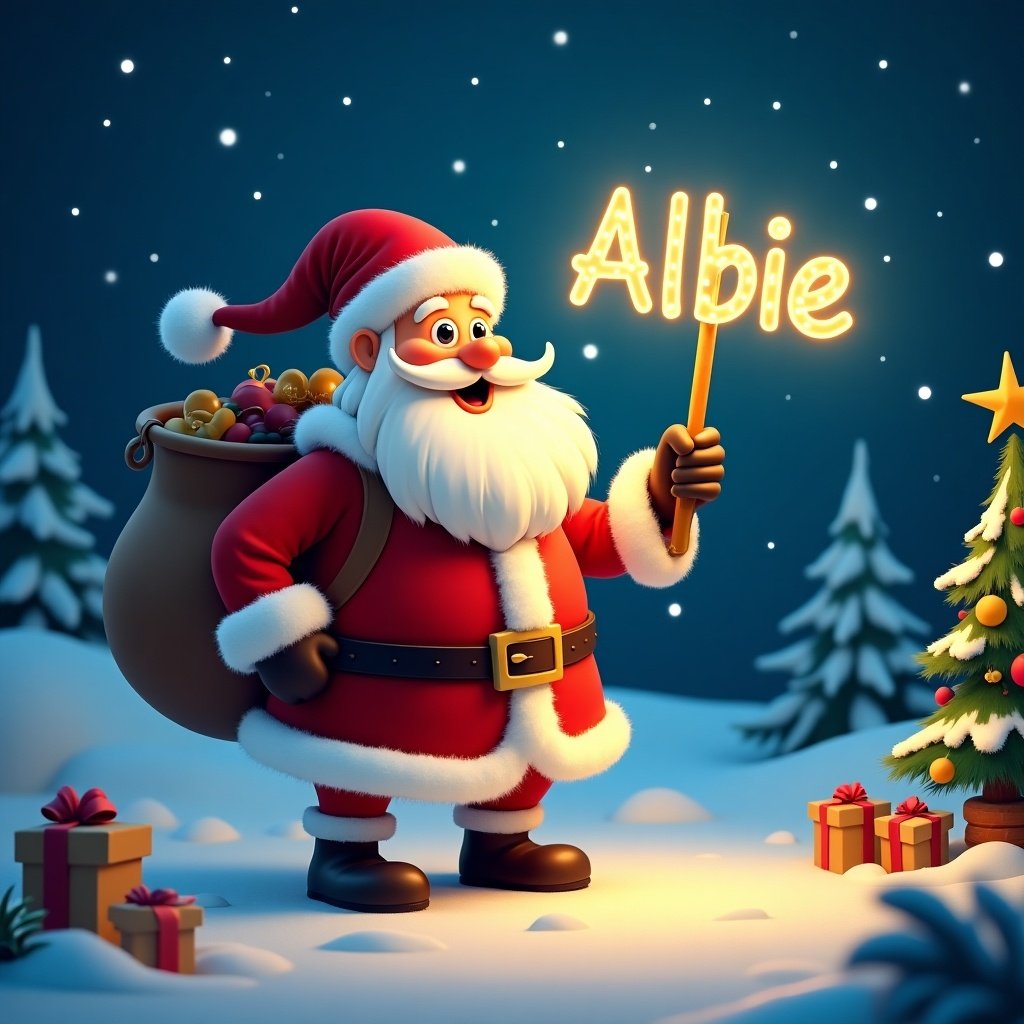 Magical Christmas Santa character writing name Albie with a glow stick. Snowy background with Christmas tree and presents. Santa in traditional outfit holding a bag filled with toys.