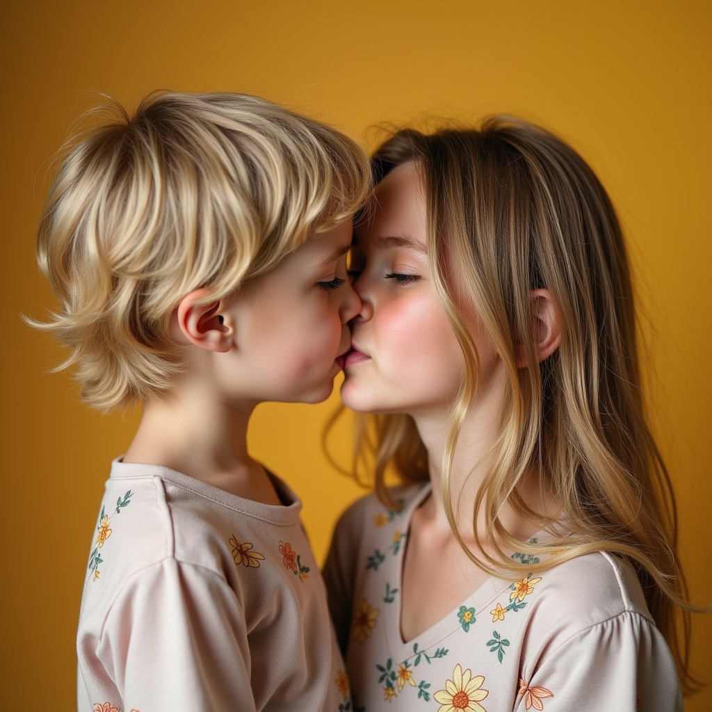 12 years old boy kisses a woman on the cheek in a studio. Summer setting. Bright background. Warm atmosphere. Close-up shot.