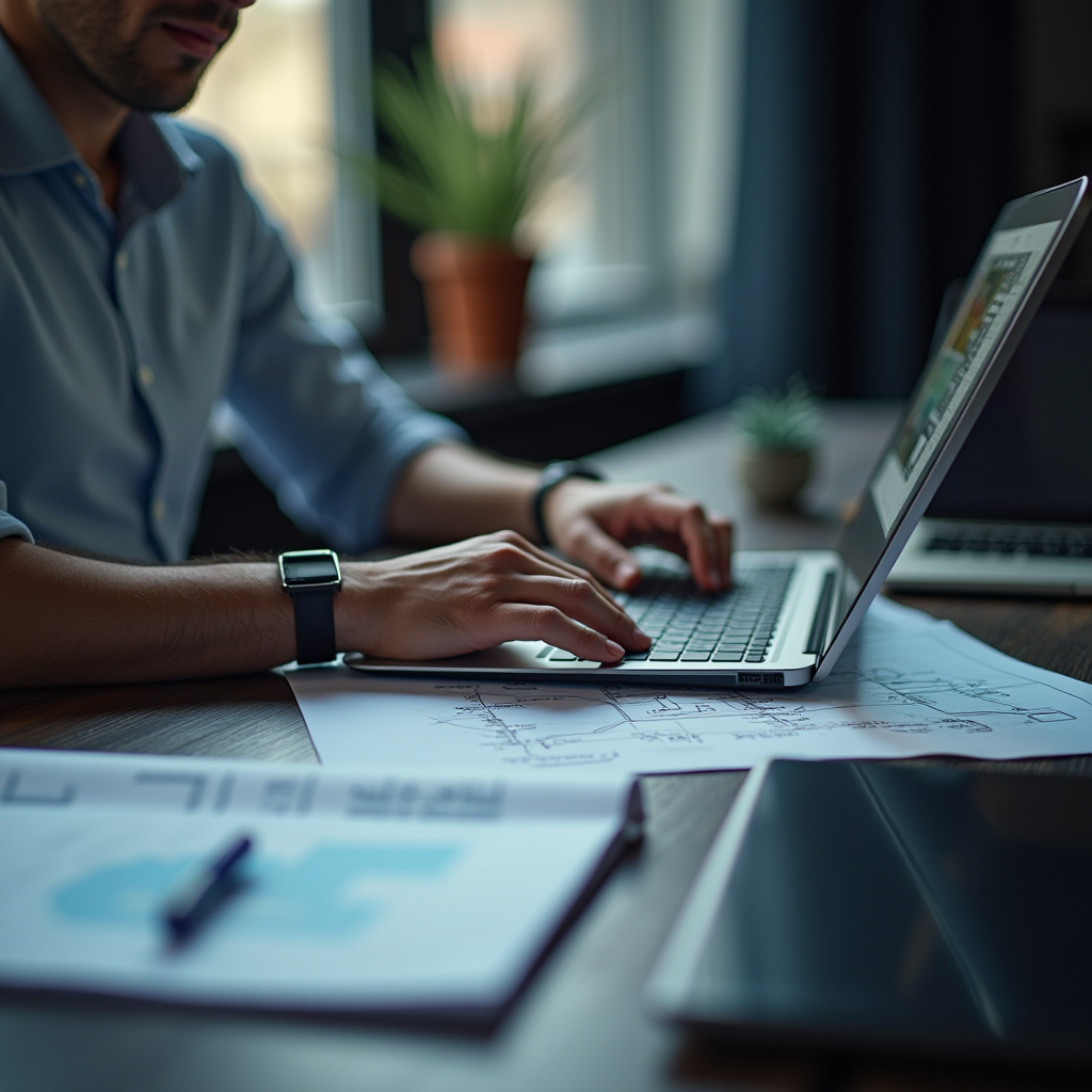 A person working diligently on a laptop with documents spread on the desk.