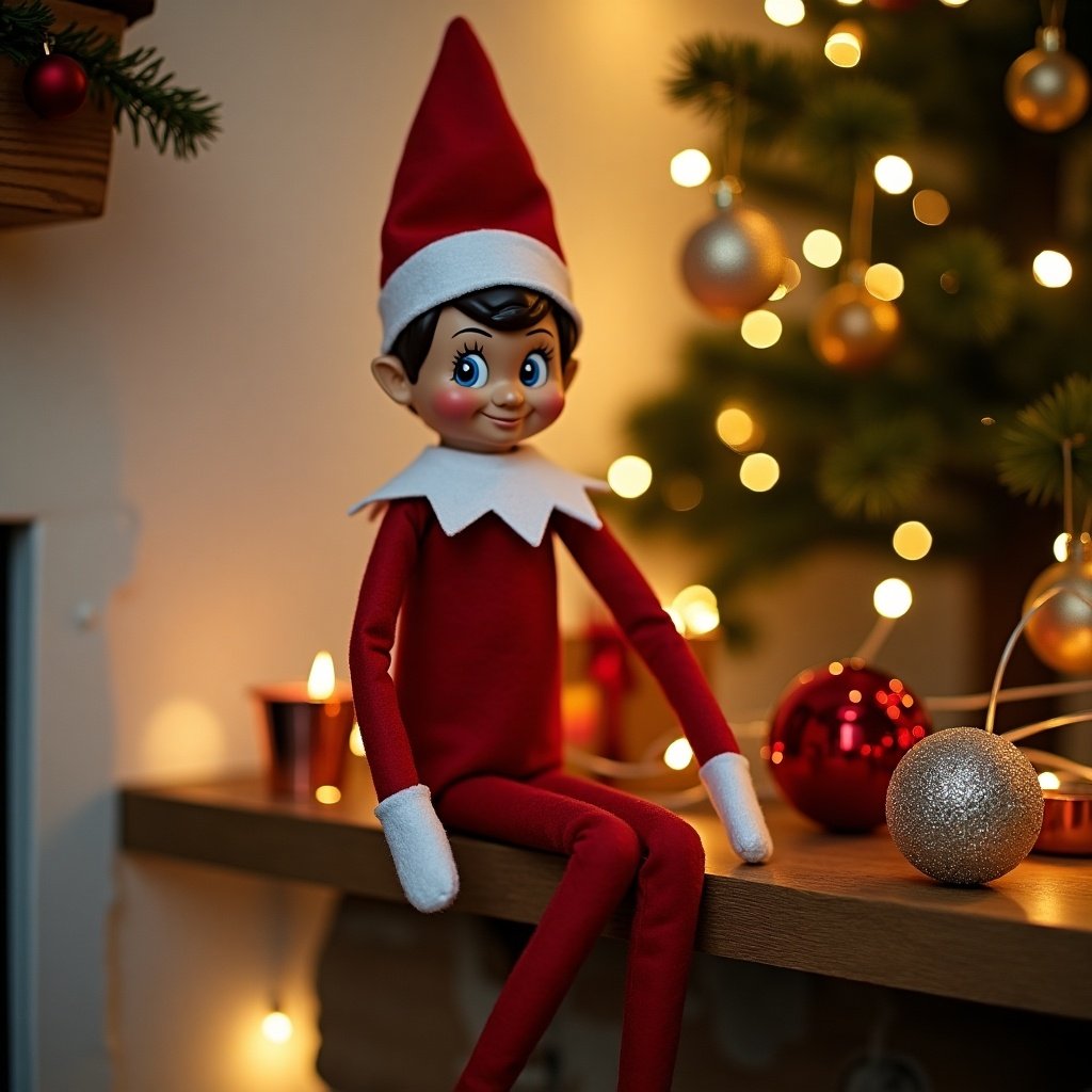 Elf on the shelf doll sitting on a shelf with holiday decorations and warm lighting. The setting showcases Christmas ornaments and a tree in the background. Festive atmosphere created with cozy lighting and colorful decor.