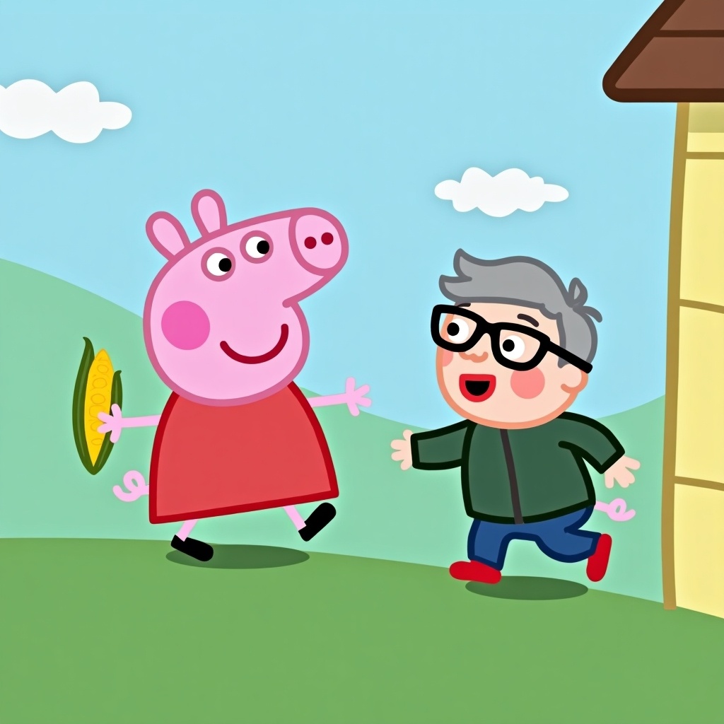 Peppa Pig holds an ear of corn. She playfully chases a boy with gray hair and glasses. The scene takes place on a hill near her house.