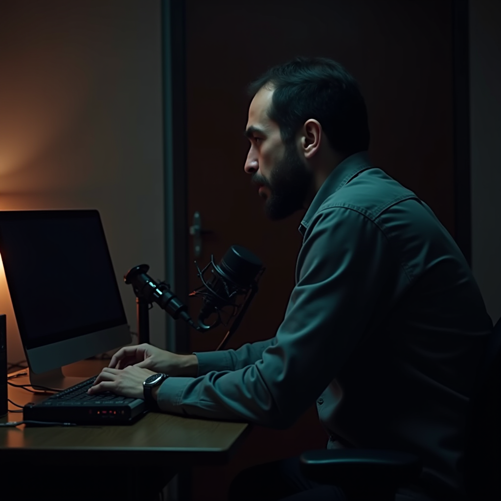 A man in a dimly lit room is focused on recording with a microphone and a computer.