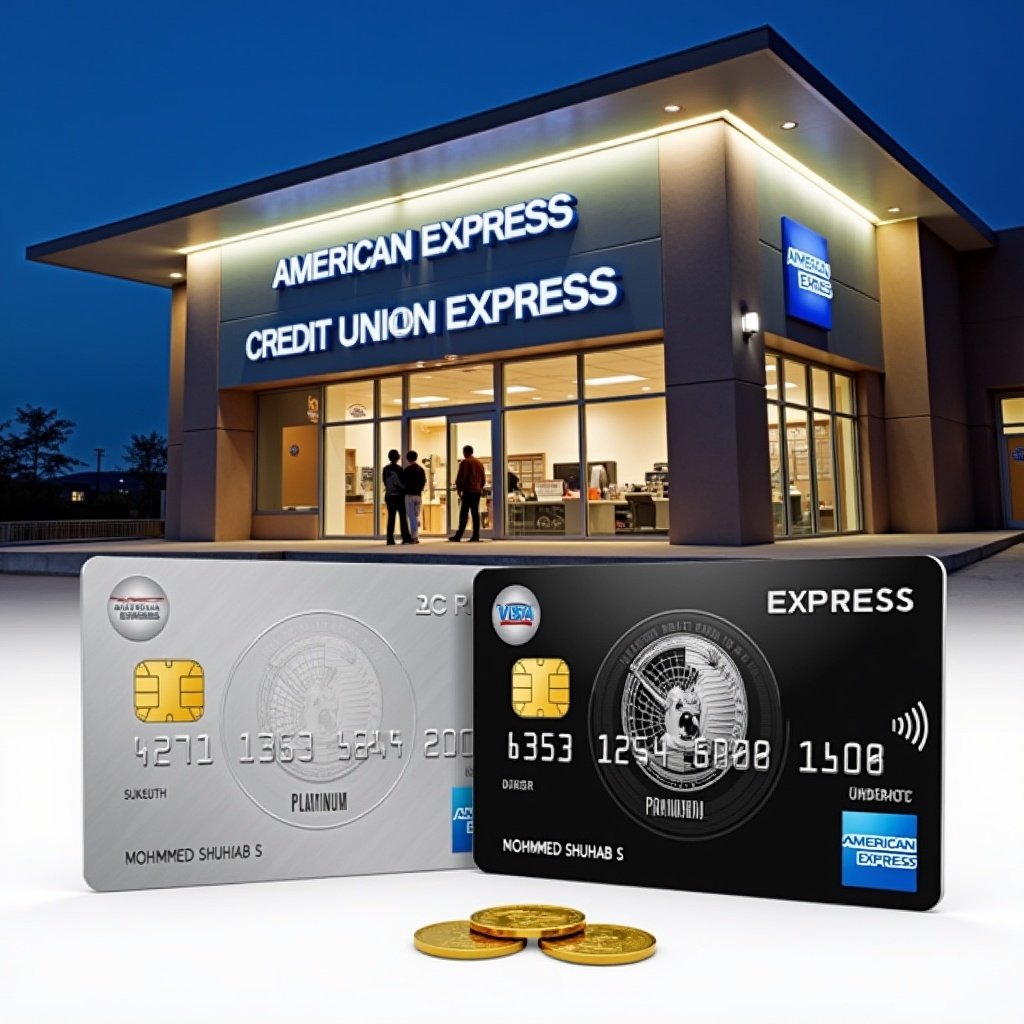 Realistic image showing platinum American Express credit card and Visa logo. Cardholder name visible. Expiry date March 2028. Silver background with black font for modern elegance. American Express credit union building with drive-thru service. Customers outside. Night view with lighting highlights. Black debit card on white background. Gold chip and magnetic stripe. Two gold coins present. Suggests modern banking sophistication.