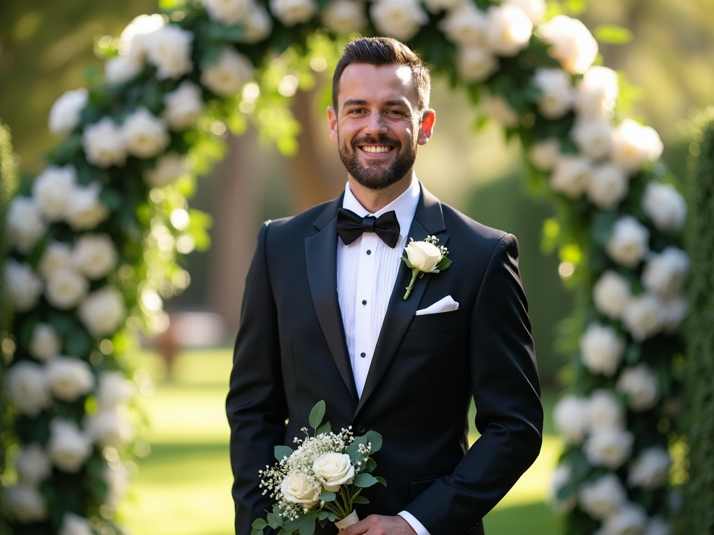 This image features a groom standing confidently in front of a beautiful floral arch during a wedding. He wears a classic black tuxedo with a bow tie and has a white rose boutonniere on his lapel. The background is filled with lush greenery and an abundance of white roses, creating a romantic atmosphere. The groom has a warm smile, exuding joy and elegance on this special day. Natural light enhances the moment, capturing the groom's happiness and the beauty of the setting.