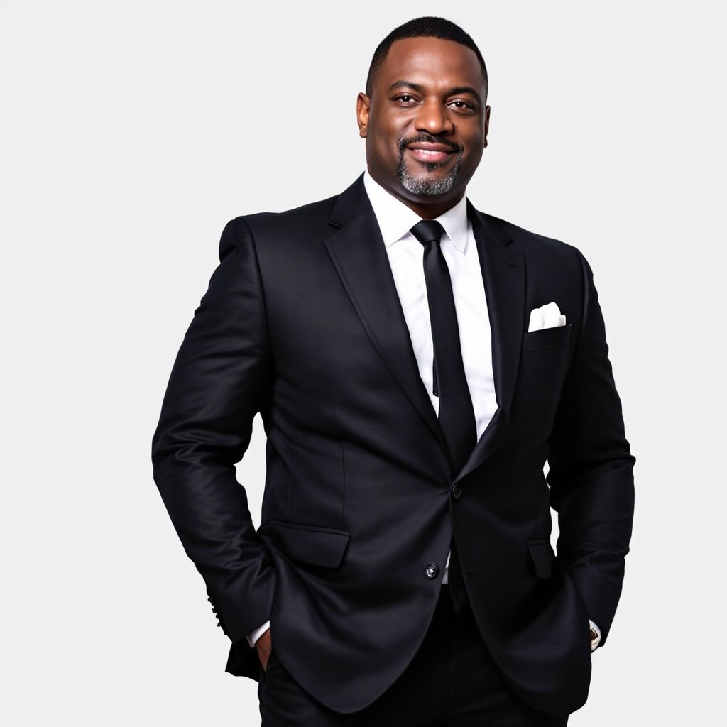 Black man in a suit stands confidently. He wears a black tie and a white shirt. The background is light and neutral, emphasizing his attire.