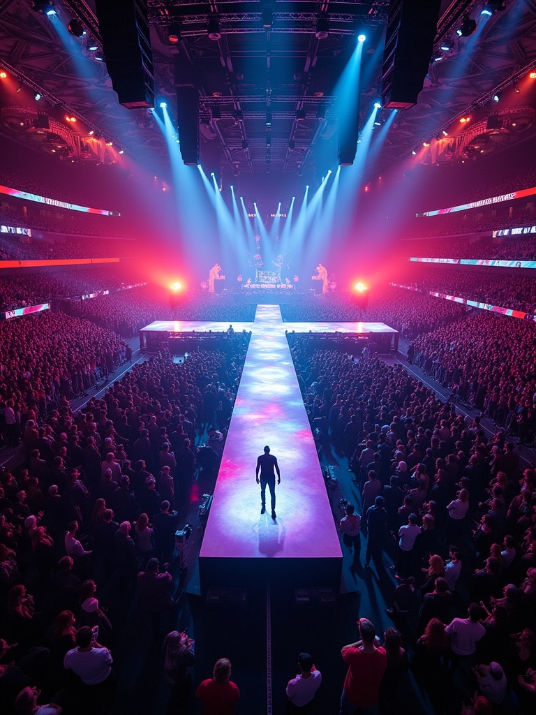 Wide shot of a Travis Scott concert at Madison Square Garden. 360 stage design with T stage. Audience filled with fans. Captured from a drone view showing the spectacular lighting and atmosphere.