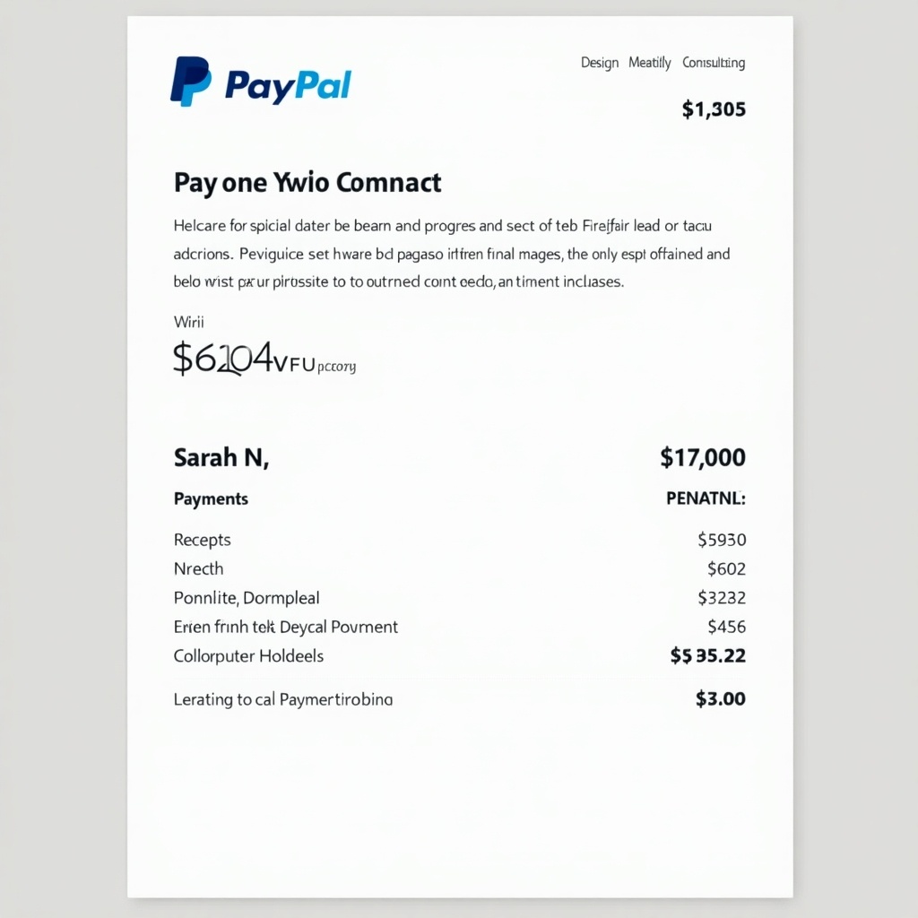 This image features a PayPal payment receipt. The document is labeled at the top with the PayPal logo. It indicates a total payment amount of $1,305 directed to an account named Sarah N. The layout is clean and maintains a professional appearance. It includes sections for receipts and additional charges, emphasizing clarity with bold text. The background is simple, enhancing readability and ensuring the key details stand out.