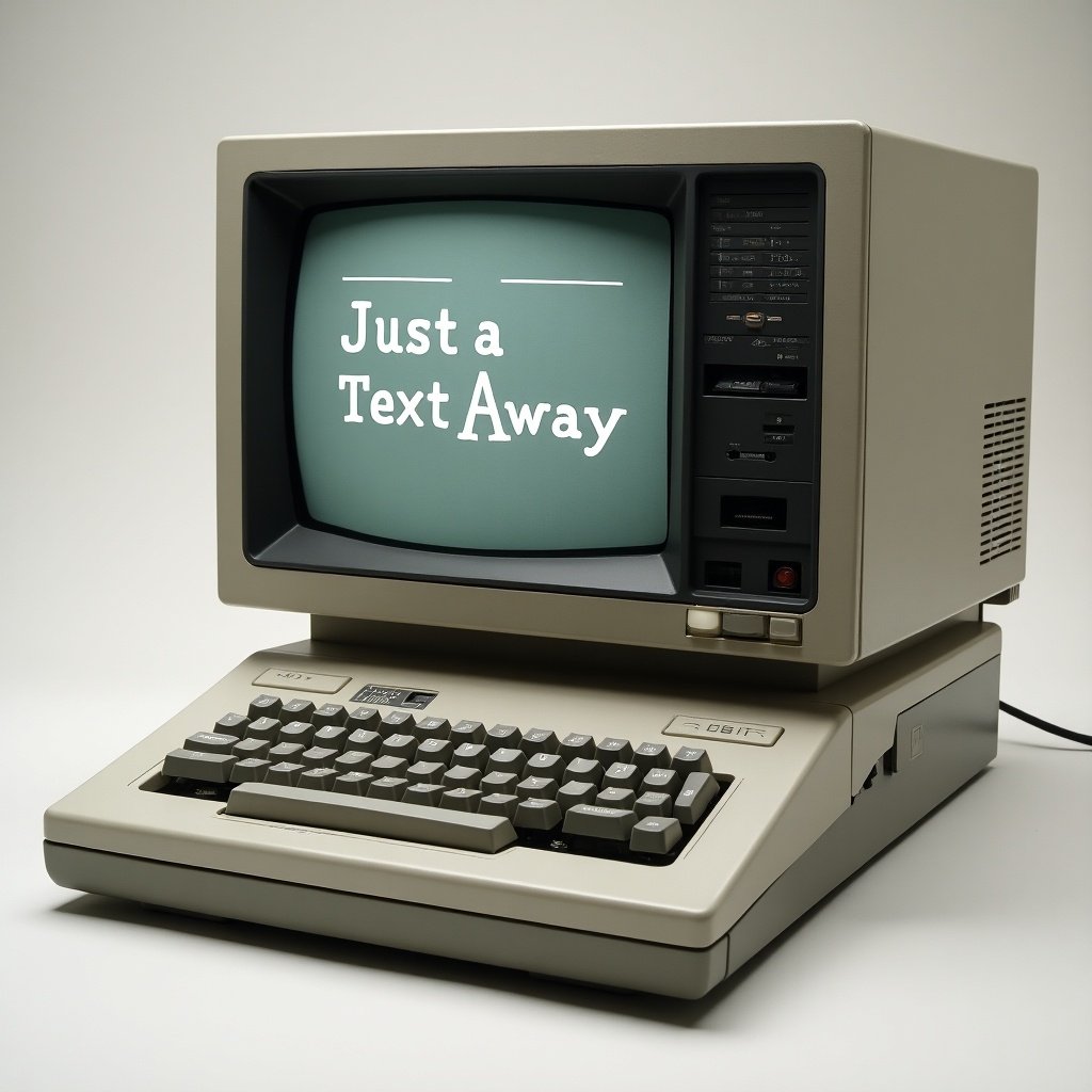 Vintage personal computer with a monochrome screen. Displaying the sentence Just a Text Away. Features a classic design and a bulky build.