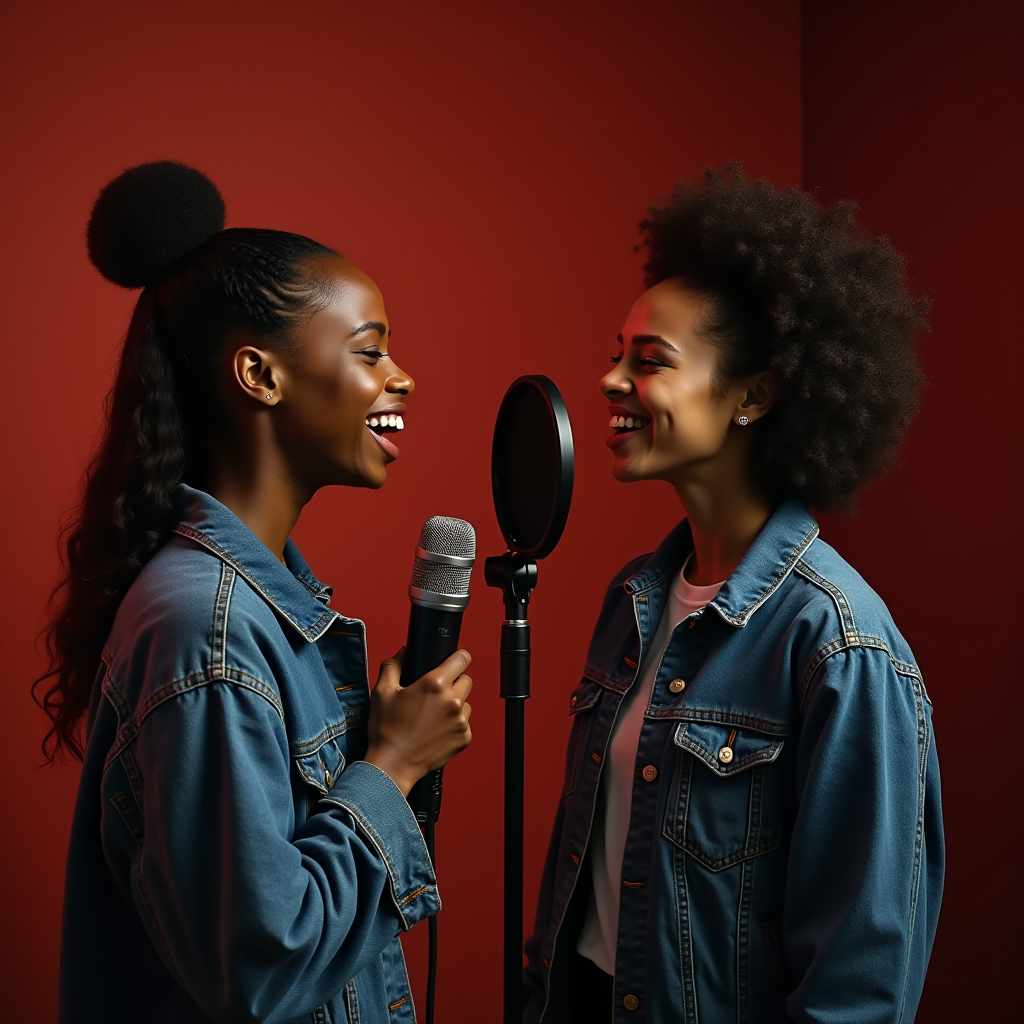 Two women joyfully singing in a recording studio.