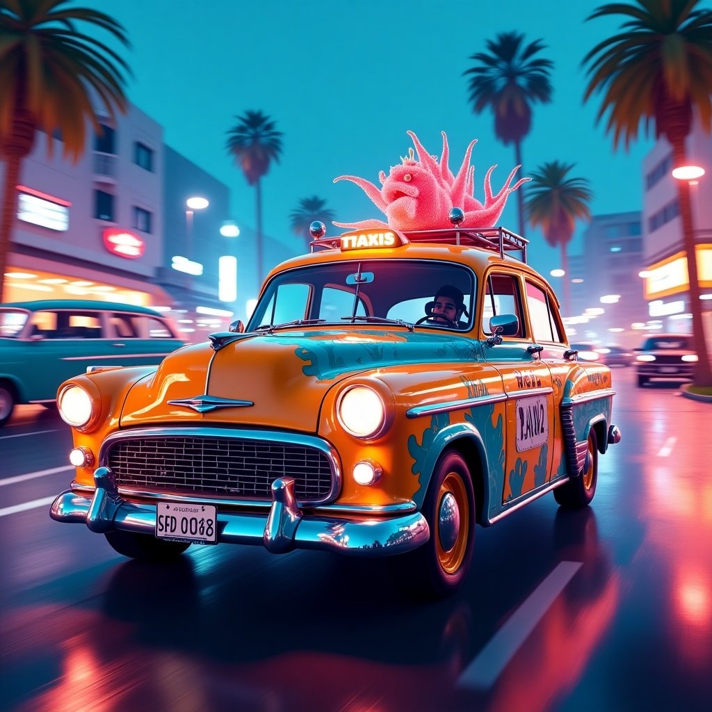 The image features a bright and colorful taxi designed in a seapunk style. It showcases neon colors, primarily aqua and orange, under nighttime city lights. On top of the taxi, a quirky sea creature can be seen, possibly symbolizing fun and creativity. The street is lined with palm trees, enhancing the tropical vibe. Overall, the image combines elements of modern art with whimsy, perfect for capturing attention.