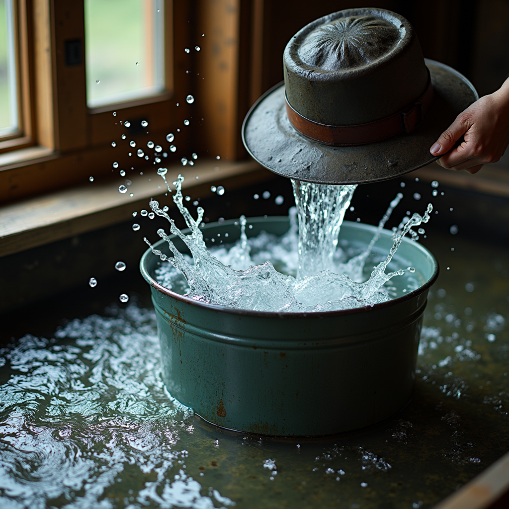 A hand pours water from a vintage hat into a metal basin, causing a dynamic splash.