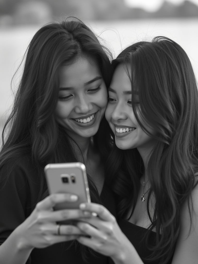 Candid portrait of two young women sharing a moment while holding a smartphone. The image captures their joyful connection and interaction in a monochrome style. Suitable for profile picture or lifestyle content.