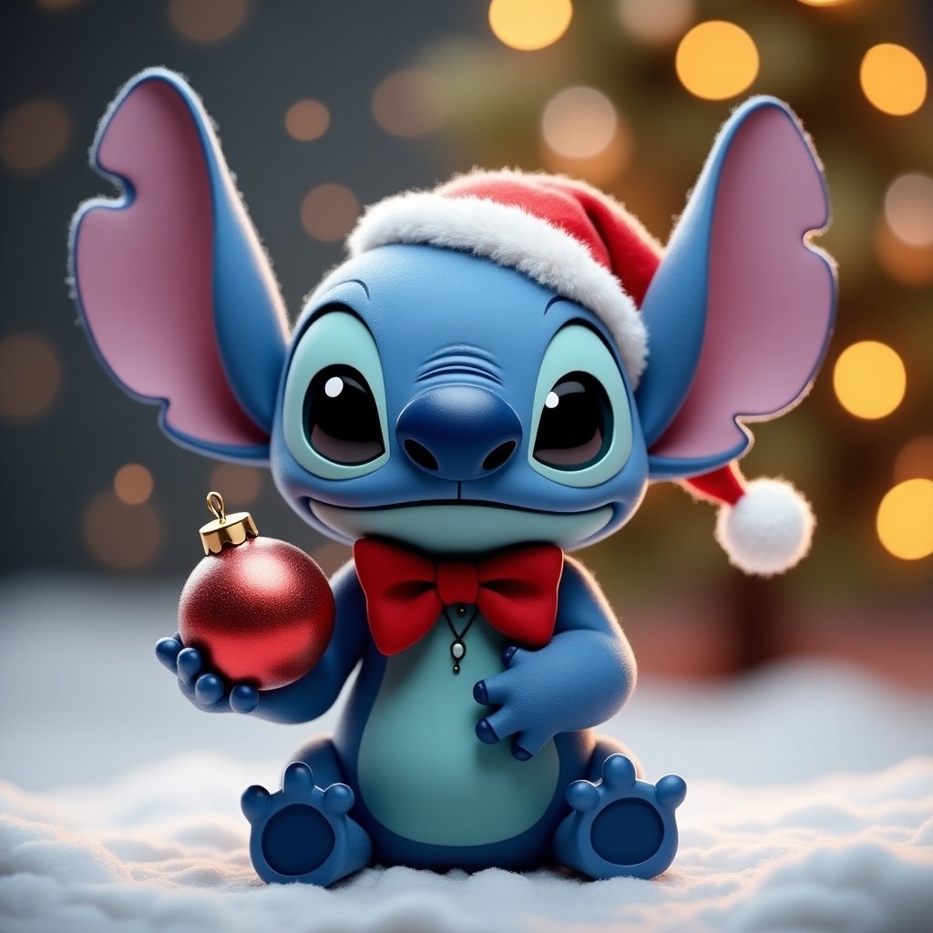 Character inspired by Stitch from Disney. Blue color with large ears. Wearing a bow tie. Holding a Christmas bauble. Set in a Christmas background. Name Estelle present.