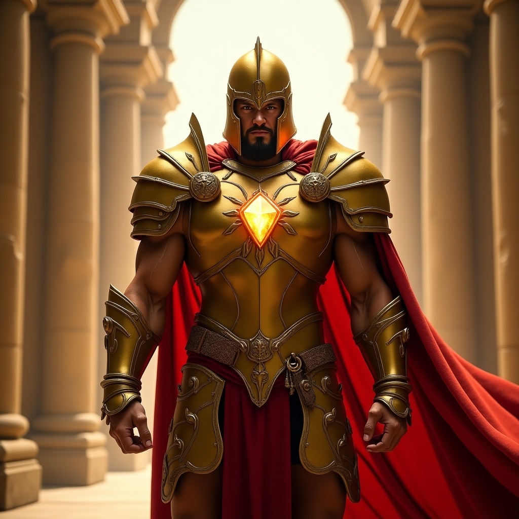 Powerful warrior in grand architectural setting. Detailed golden armor with flowing red cape. Mystical light highlights armor and glowing gem. Tall columns in background for an epic atmosphere. Combines fantasy and adventure elements.