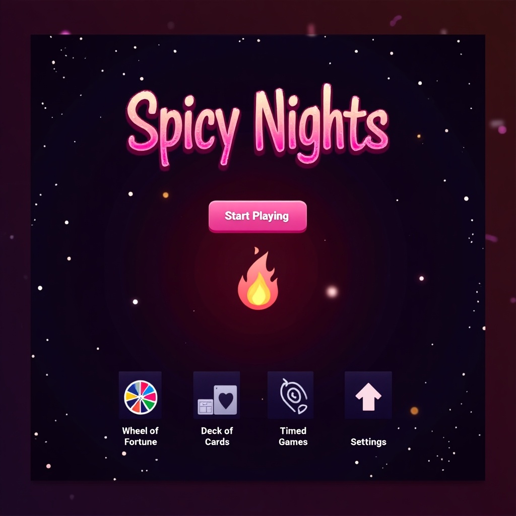 This image showcases an interactive web app UI titled 'Spicy Nights'. The background is vibrant with shades of purple, black, and fluoro pink, creating an engaging atmosphere. At the top, the title is displayed in a playful font, drawing attention. In the center, 'Start Playing' is highlighted by a stylized flame icon, inviting users to join. Below, minimalist icons indicate different game options like Wheel of Fortune, Deck of Cards, Timed Games, and Settings. The overall design is clean and user-friendly, appealing to gaming enthusiasts.