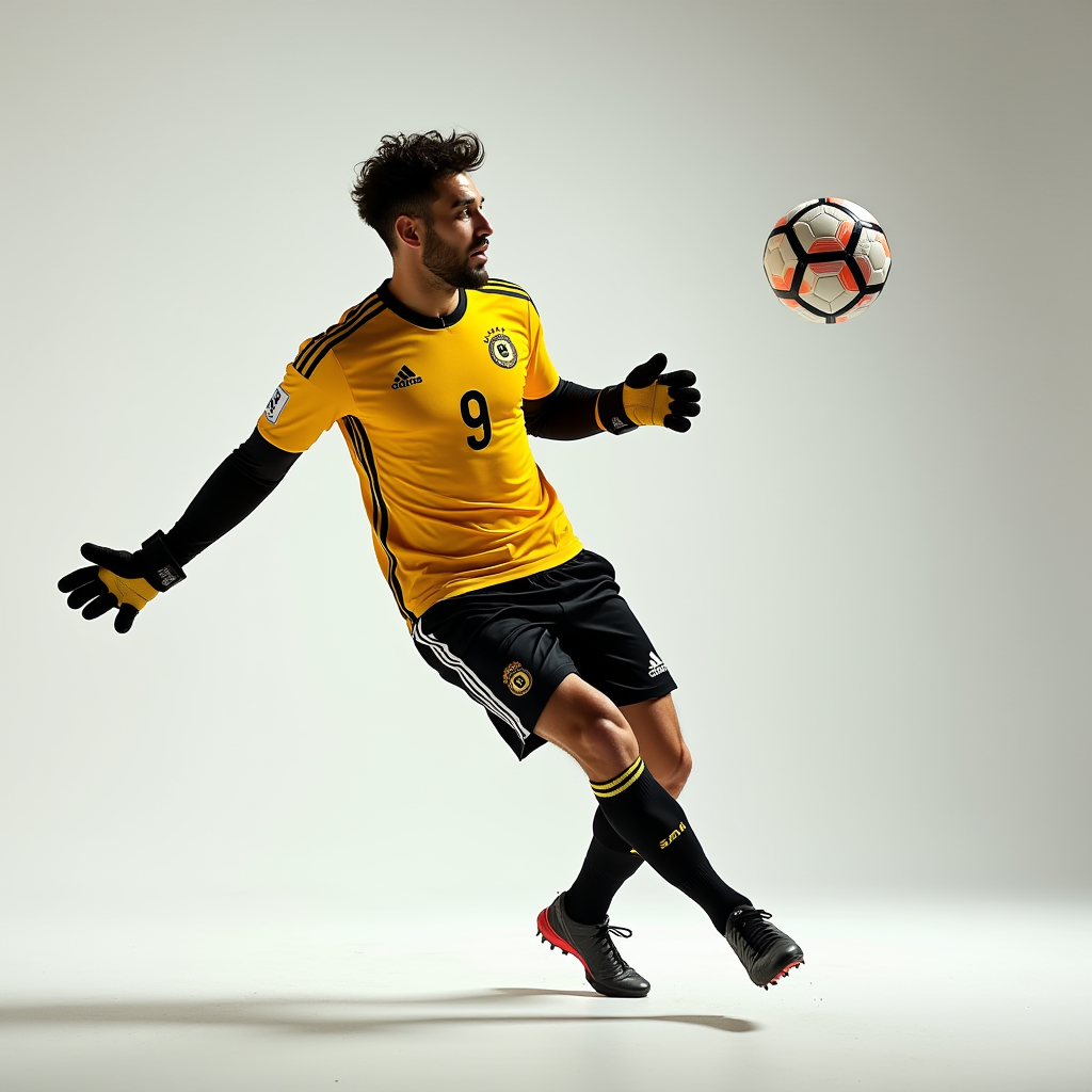 A soccer player in a yellow jersey skillfully controls a ball in mid-air on a plain background.