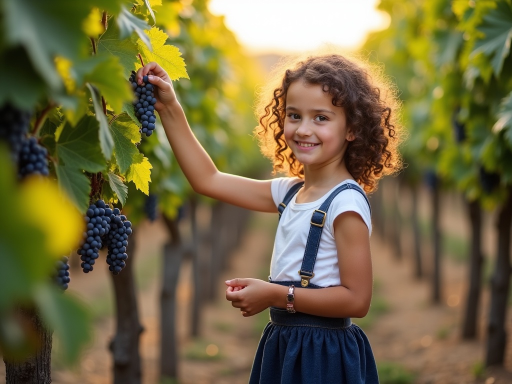 A 12-year-old girl stands beside a vine and checks the quality of blue grapes. She is a winegrower. She is dressed in a white top and dark blue skirt with pink socks. Dark brown curly hair frames her face as she inspects grapes. Late summer sun casts warm glow over green vines and earth. DSLPhotography captures a charming rural moment.