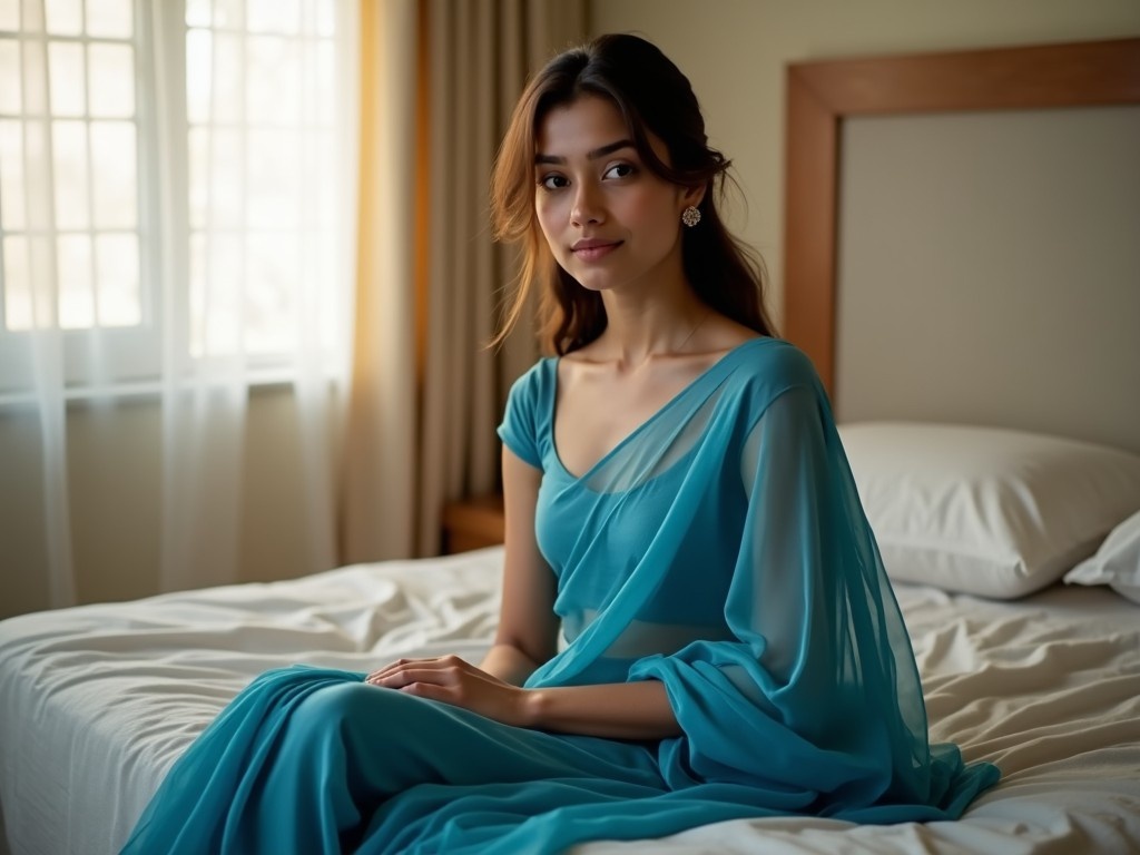 A beautiful and charming young woman is captured in her bedroom, sitting calmly on the bed. She is wearing a blue saree that drapes elegantly around her. The soft, natural light streaming in from the window adds a warm glow to the scene. Her fair skin and fresh, makeup-free face convey a sense of simplicity and natural beauty. This moment reflects a casual morning vibe, showcasing her stunning features and serene environment.