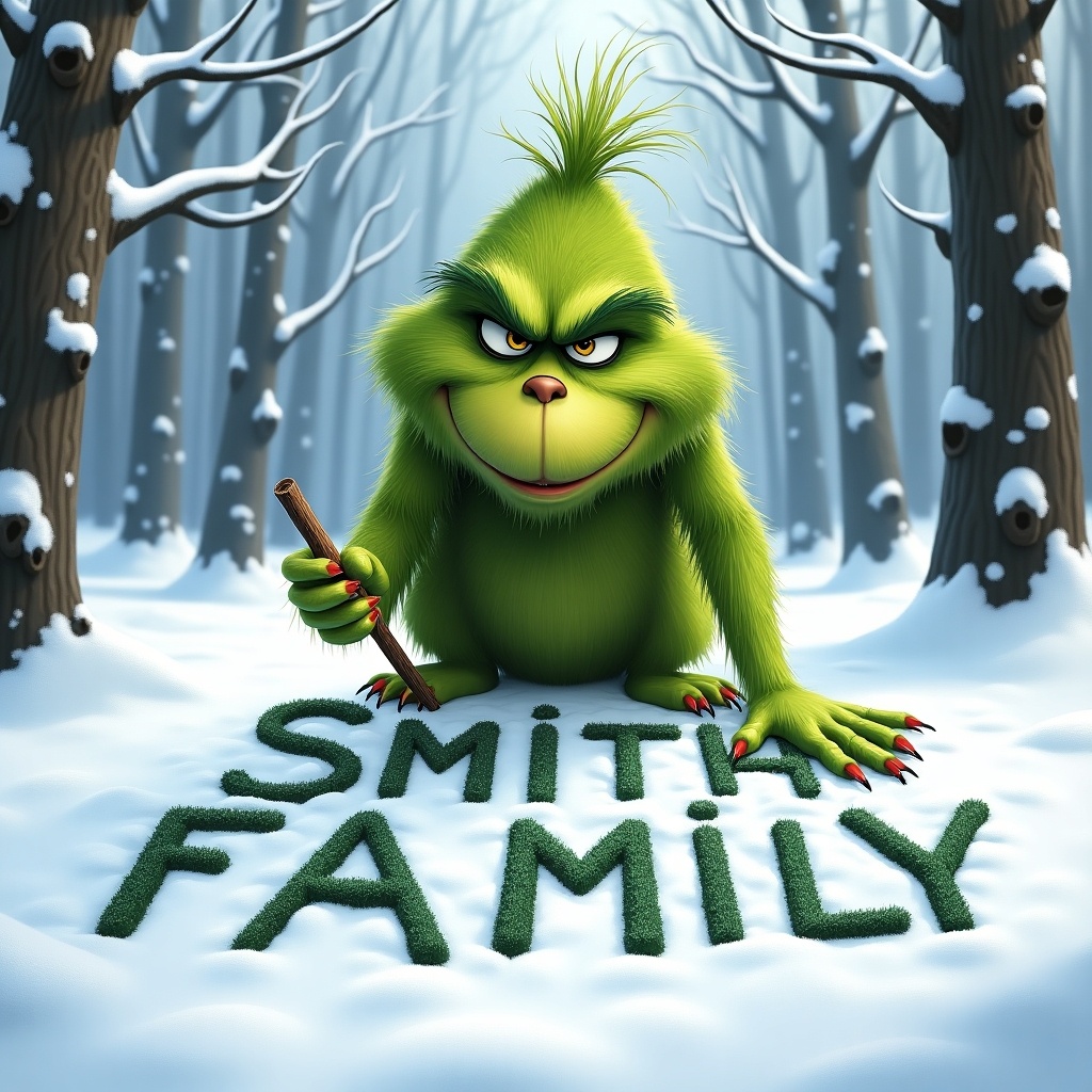 Grinch character writing in snow. Letters spell Smith Family. Surrounded by snow-filled trees. Winter landscape enhances playful charm.