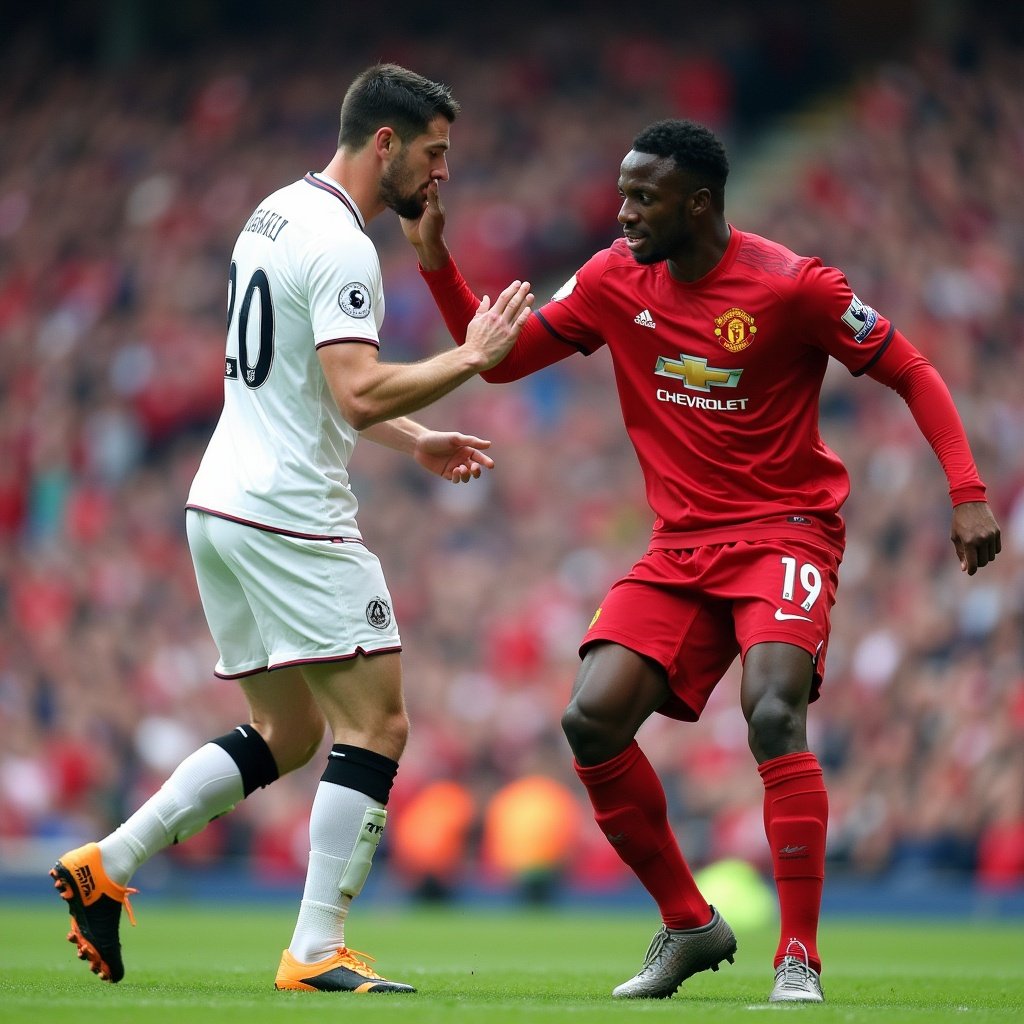 Two football players interact in a vibrant stadium. One athlete wears a white jersey while the other wears a red jersey. The background is lively with fans cheering.