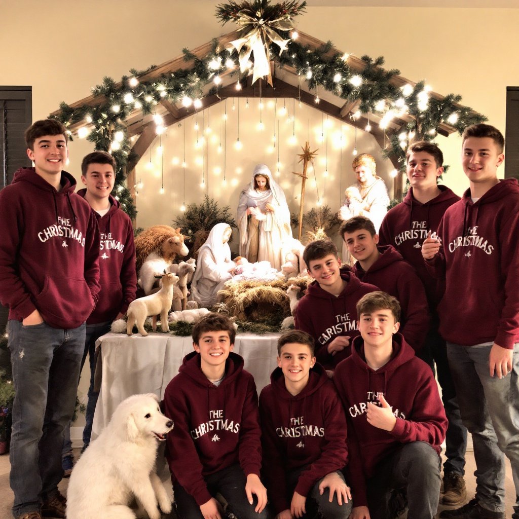 A group of boys in maroon hoodies kneel and stand before a nativity scene. The scene is decorated with festive lighting and greenery. Some boys are kneeling while others are standing. In the background, there are figures representing the nativity with animals.