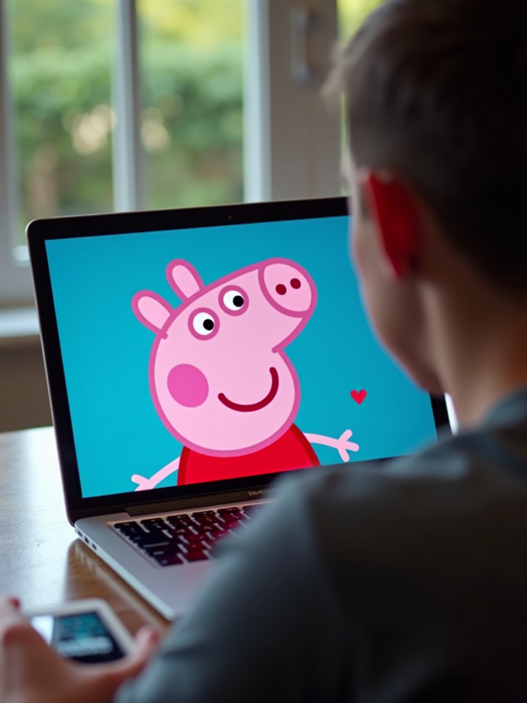 A child is watching a cartoon pig on a laptop screen.