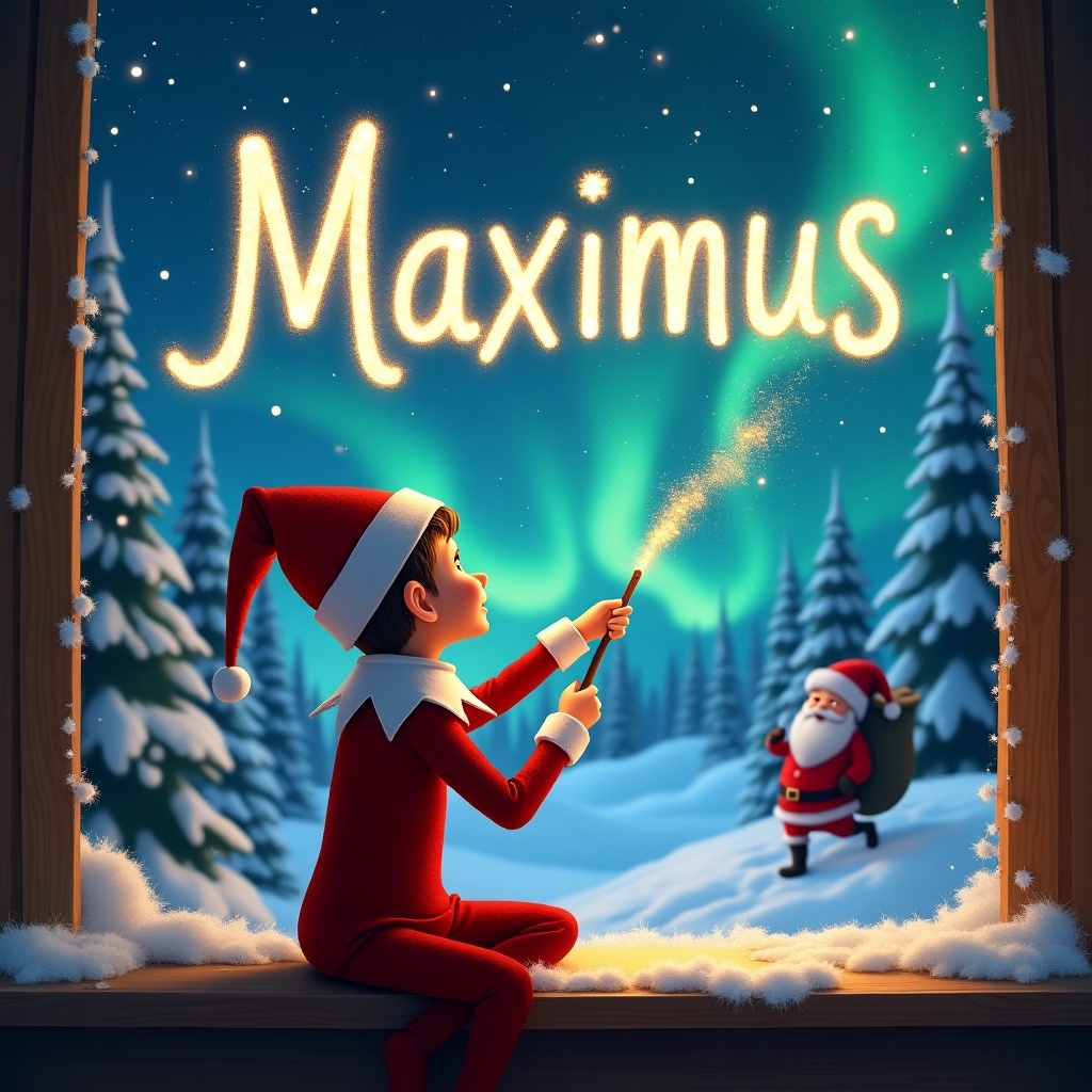 In a winter scene, a cheerful elf sits with his back to the viewer, gazing up at the sky filled with the magical northern lights. He uses a sparkling wand to elegantly write the name 'Maximus' in the air, creating a whimsical effect. In the background, Santa Claus is seen carrying a sack of gifts, enhancing the festive atmosphere. The trees are dusted with snow, adding to the enchanting setting. This illustration captures the magic of Christmas and the playful spirit of holiday traditions. The overall scene is filled with joy and wonder, perfect for celebrating the festive season.