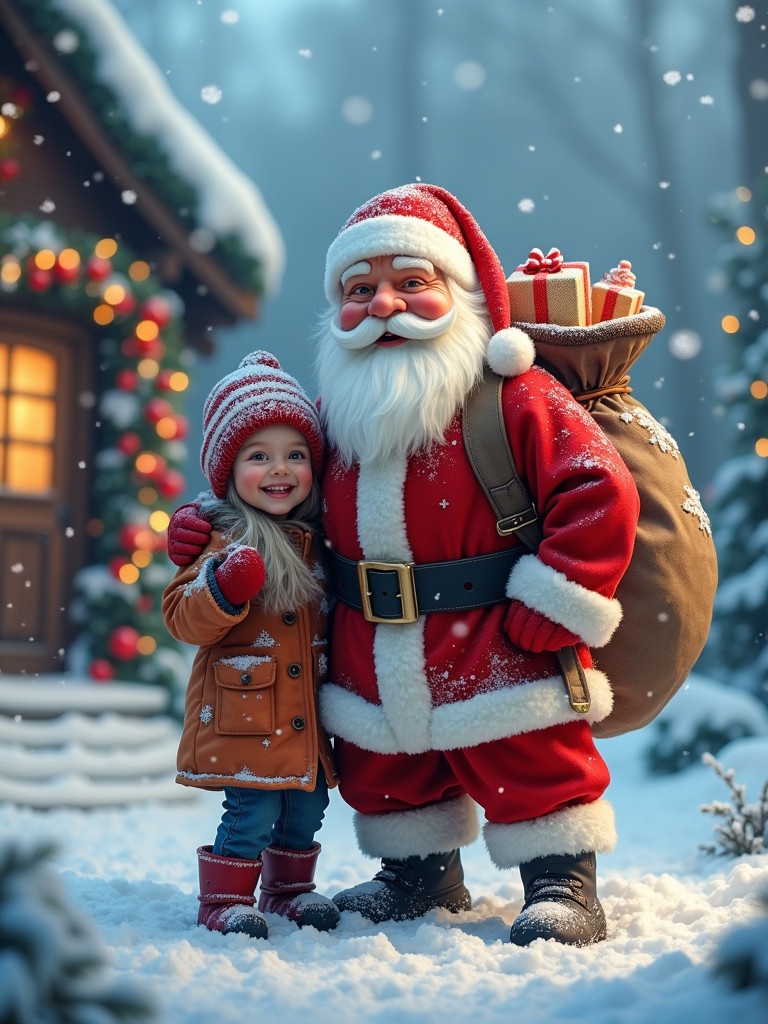 Magical scene featuring Santa Claus in a snowy setting. A festive Santa with a white beard stands beside a child with a small bag. Snowflakes fall around them. A cozy house decorated for Christmas is in the background.