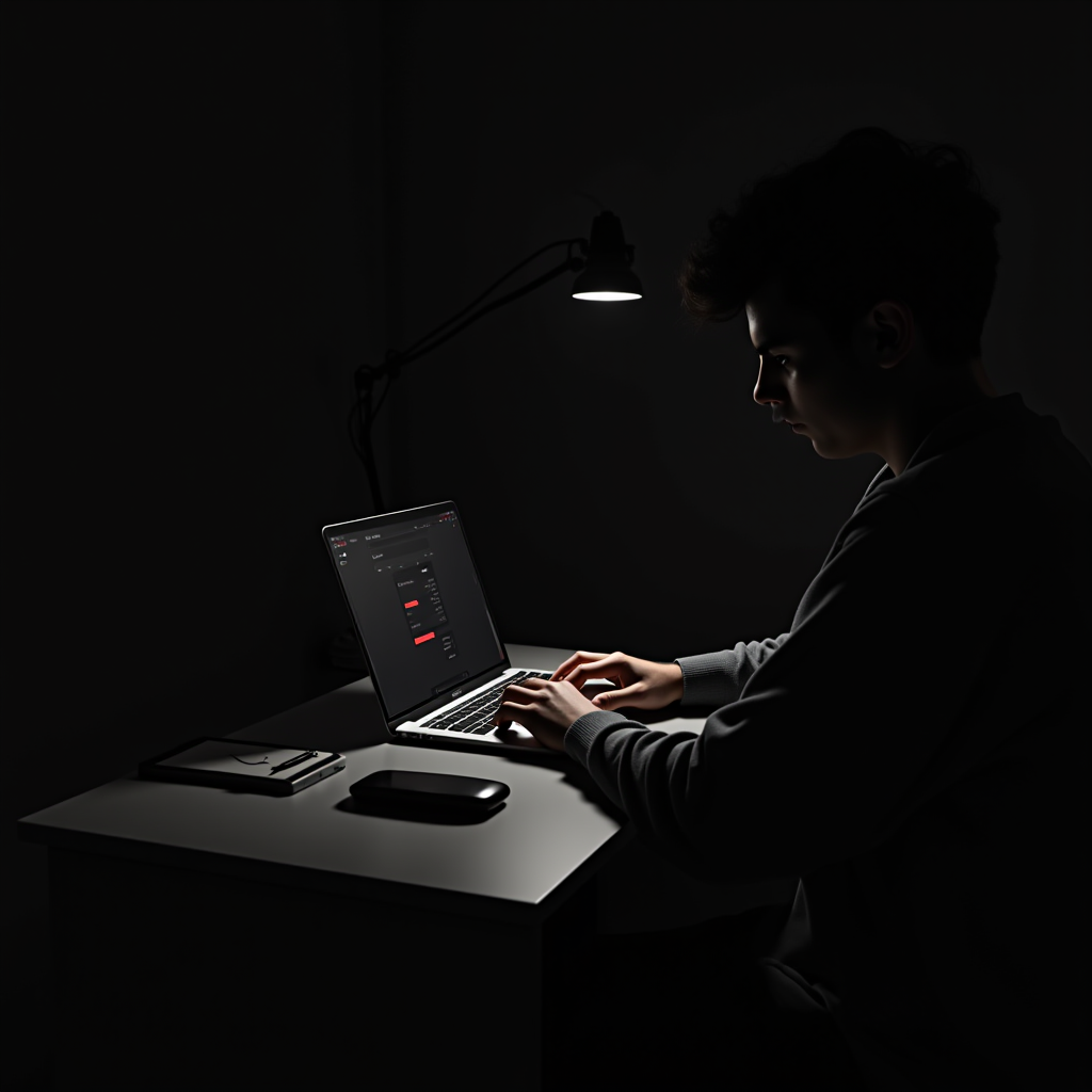 A person working on a laptop in a dimly-lit room with a desk lamp illuminating the scene.