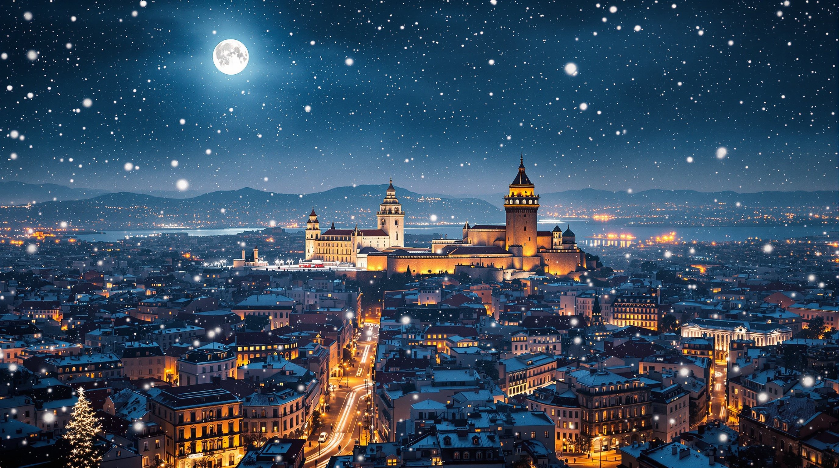 Cinematic aerial image showing a snowy festive cityscape at night. Iconic landmarks in the background with twinkling lights and gentle snowfall creating a magical atmosphere.