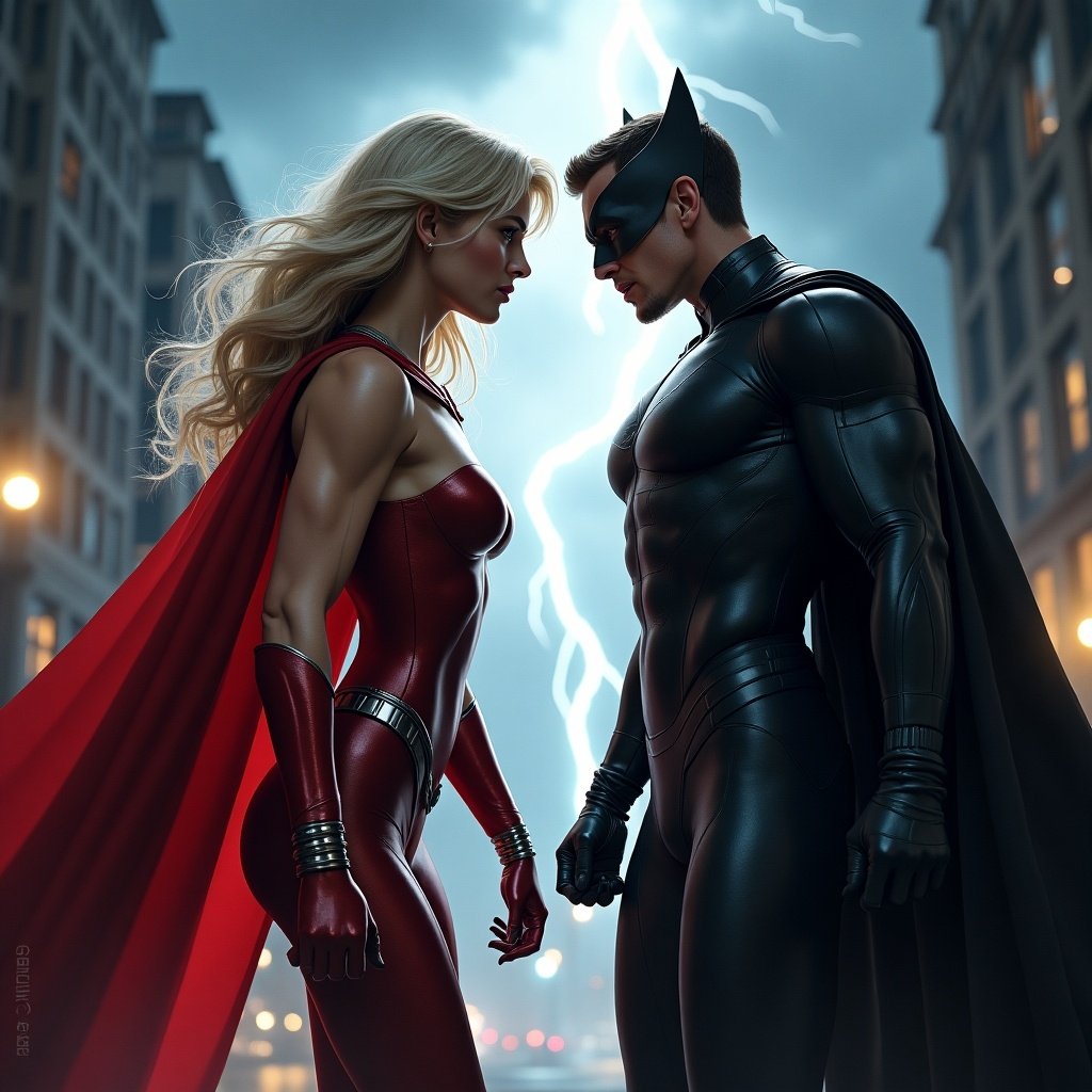 Two superheroes face off in a dark urban setting. One wears a striking red cape while the other is in a black bodysuit. Stormy skies illuminate with lightning. Highly detailed characters showcase muscular forms. The scene is intense and dramatic, emphasizing their confrontation.