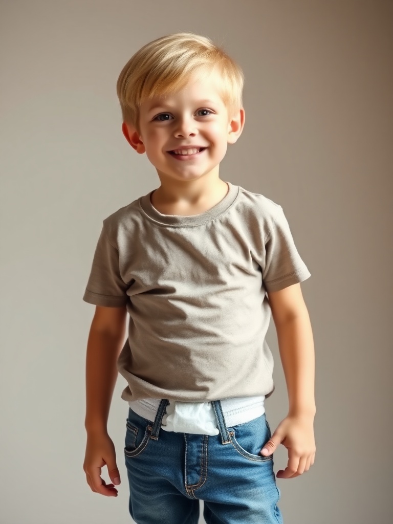 a young smiling boy wearing a beige shirt and jeans, soft lighting, studio background