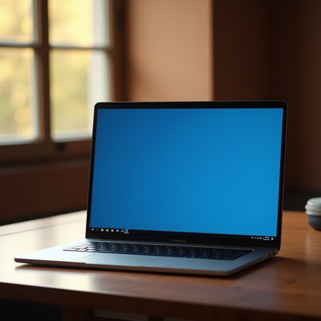 A sleek laptop with a blue screen sits on a wooden desk in a warmly lit room, with soft focus on a window in the background.