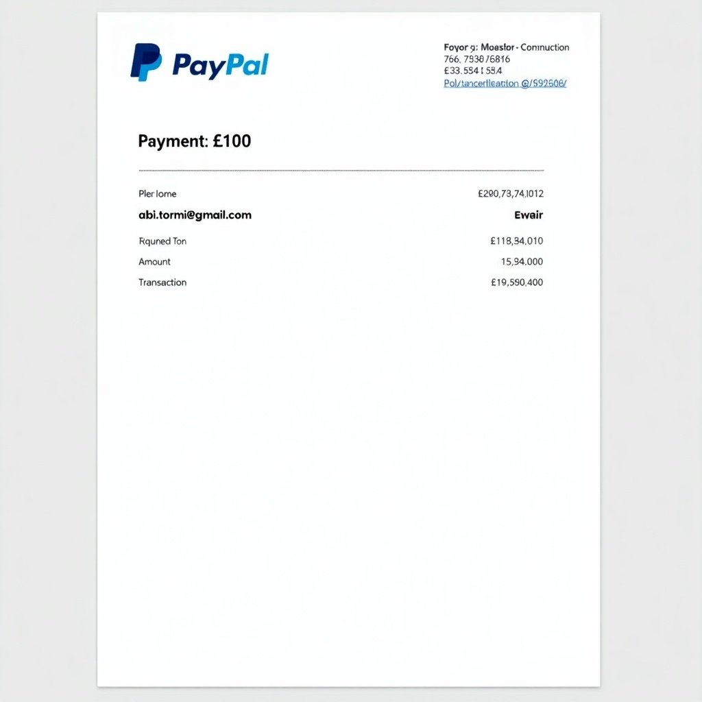 Image of PayPal payment receipt. Includes proof of £100 payment. Displays email address abi.tormi1@gmail.com. Document has a clean design. Features PayPal logo at the top. Contains payer's name and transaction details. Common format for online payments. Provides necessary details for sender and receiver.