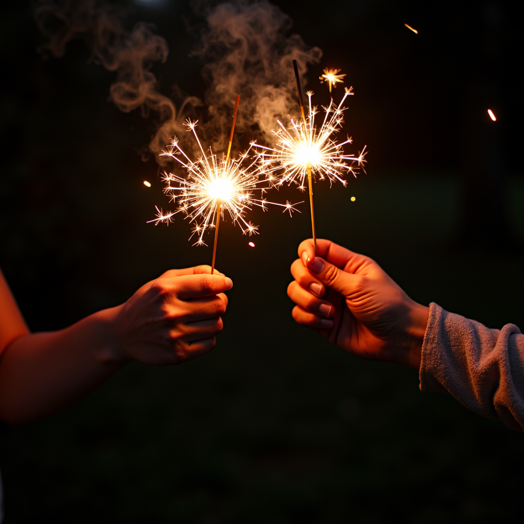 Two hands holding lit sparklers, creating bright and dynamic patterns against a dark background.