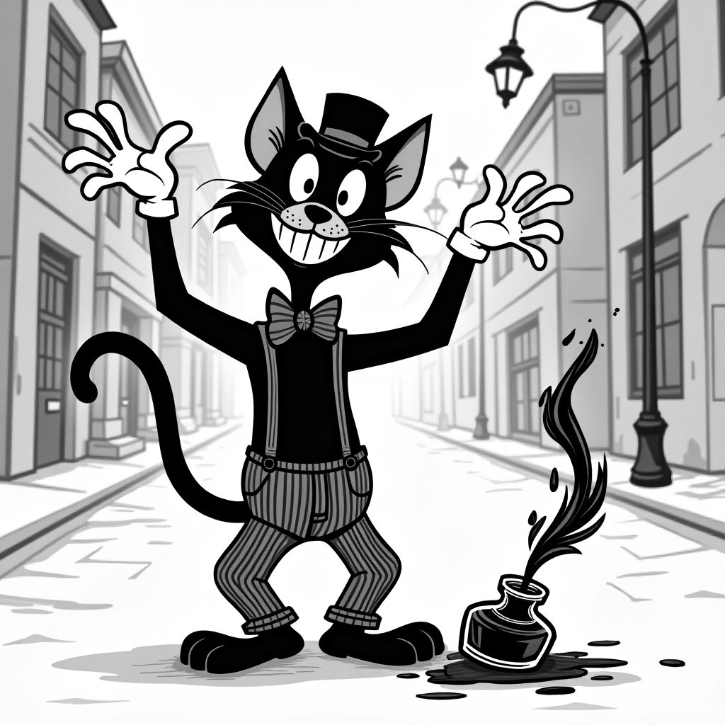 This image features a vintage cartoon character named Fiddlesticks the Cat. He is a cheerful black cat in a rubber hose animation style. He wears a bowler hat, a bow tie, and striped trousers. He stands in a lively pose with arms raised playing with swirling ink from a tipped ink bottle. The background shows a vintage urban street with buildings and street lamps. The image is in black and white with bold outlines and a hand-drawn look.