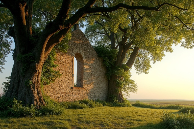 Ancient wall ruins flanked by large box trees. Trees create a lush canopy above. Wall shows signs of overgrowth with vines and moss. Romanesque double-arched window is glassless. Background displays a wide plain and fields. Scene captured in the evening during late summer. Last sunlight bathes the wall and treetops. Sparse ground vegetation catches a few rays of light.