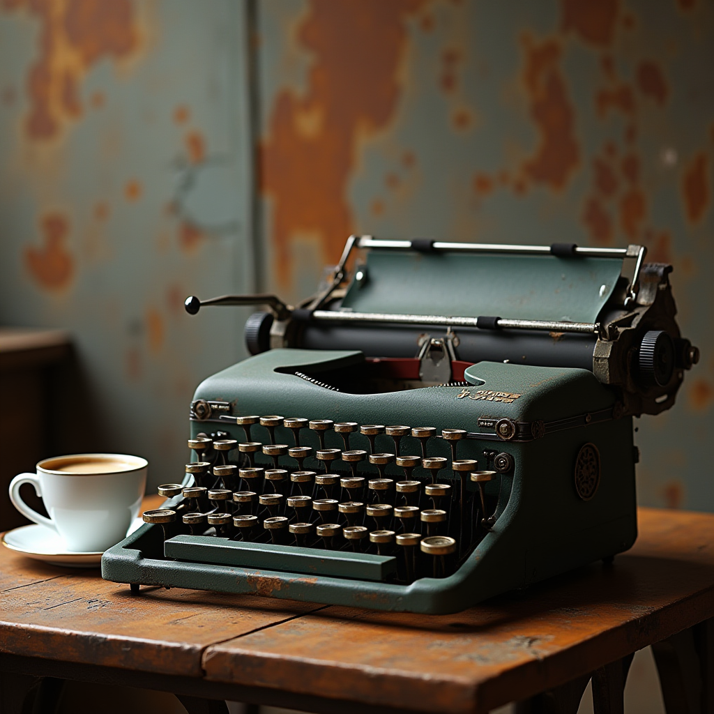 A vintage typewriter sits on a wooden table beside a cup of coffee.