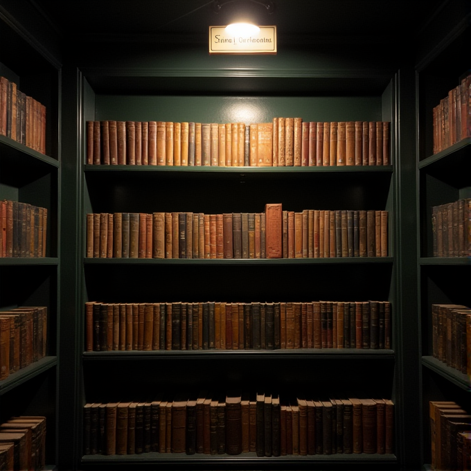 A dimly lit bookshelf is filled with old and worn-out books.